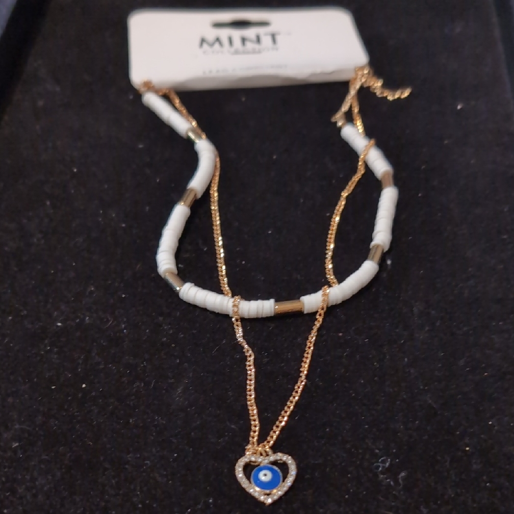 Gold-Toned Layered Necklace With White Beaded Strands With A Evil Eye Charm 9$